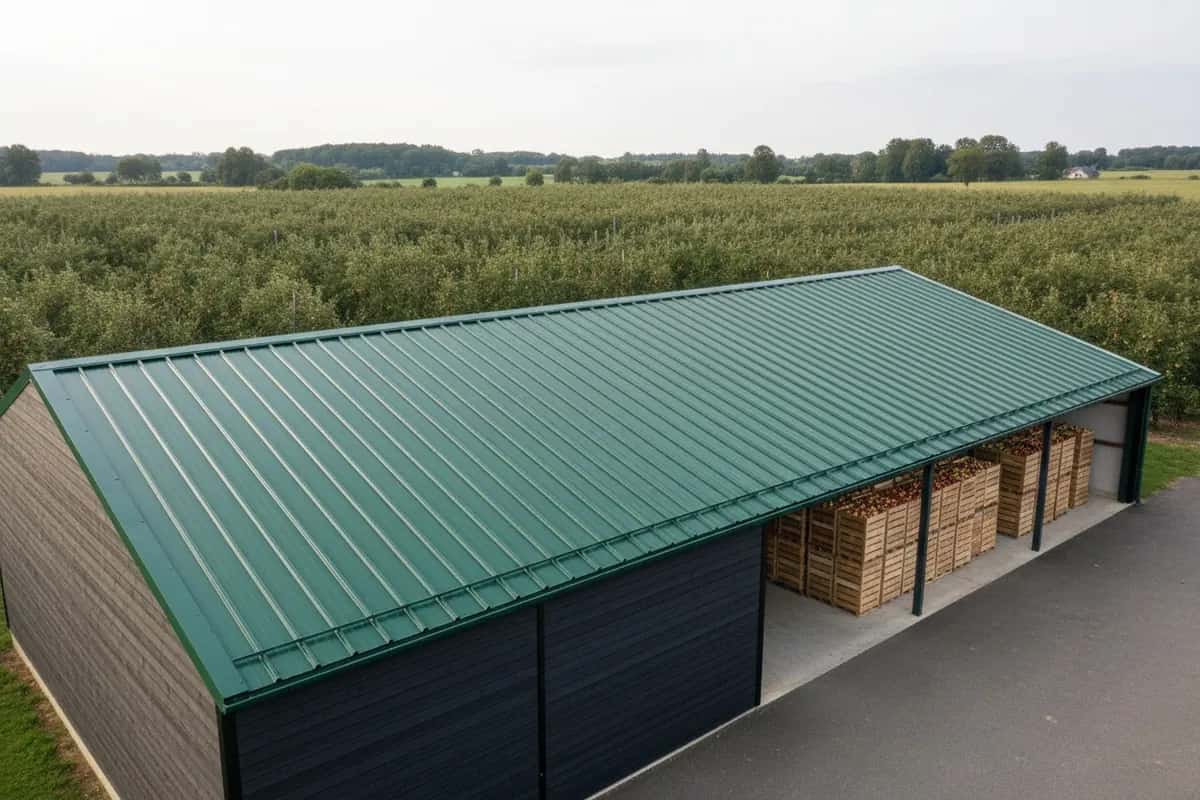 Bâtiment de stockage de fruits au bord d’un verger, toit de bac acier neuf