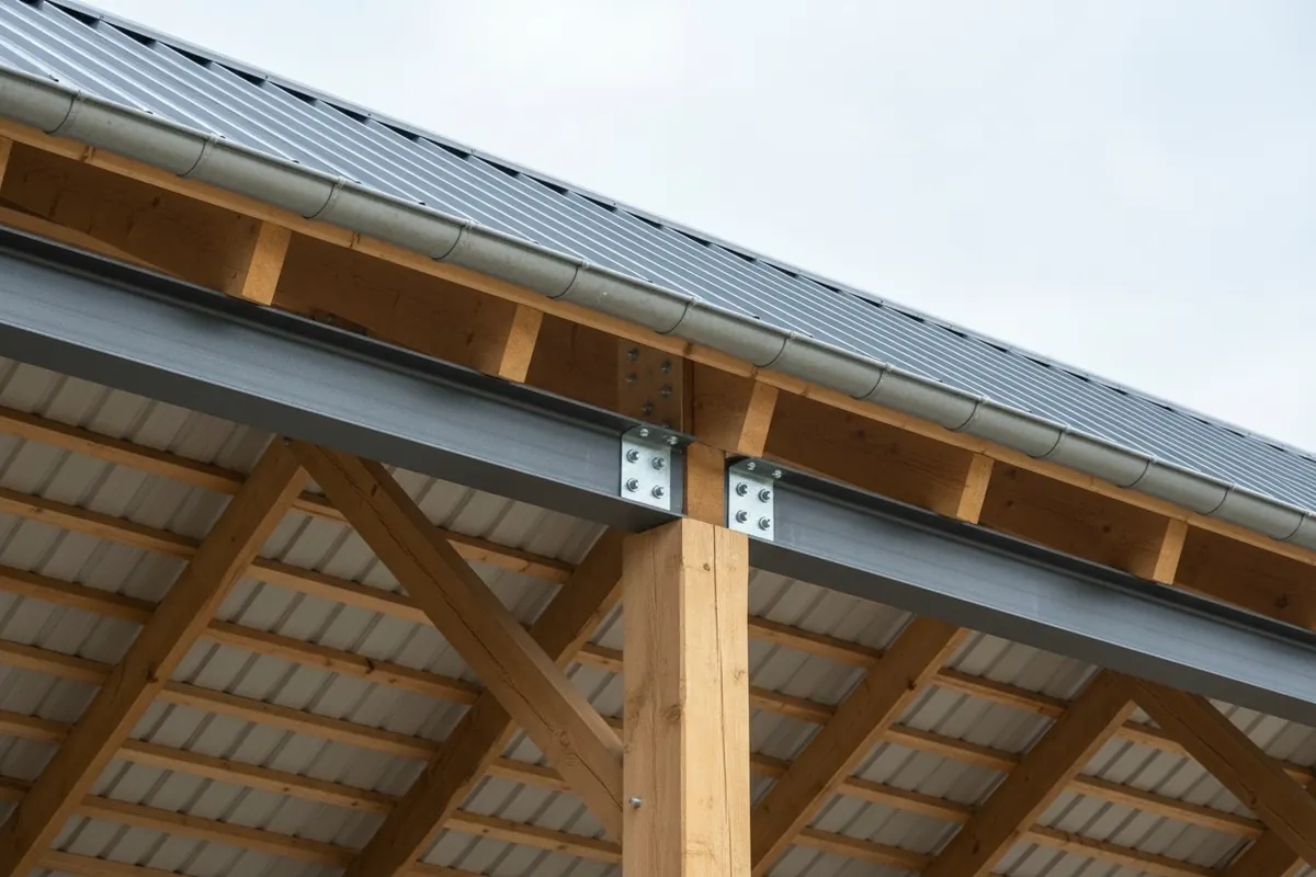 Ferme de charpente bois avec pannes renforcées par une panne acier neuve boulonnée à côté