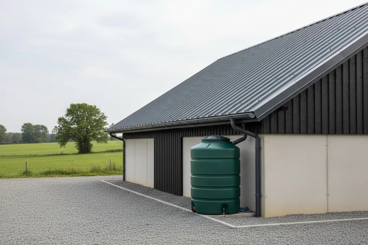 Angle d'un bâtiment agricole : gouttière acier neuve et grosse descente vers une cuve de récupération d'eau de pluie