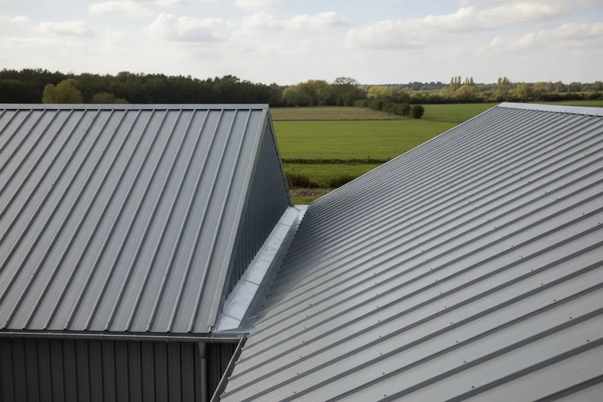 Chéneau zinc neuf entre deux toits bac acier de bâtiments agricoles accolés, soudures propres