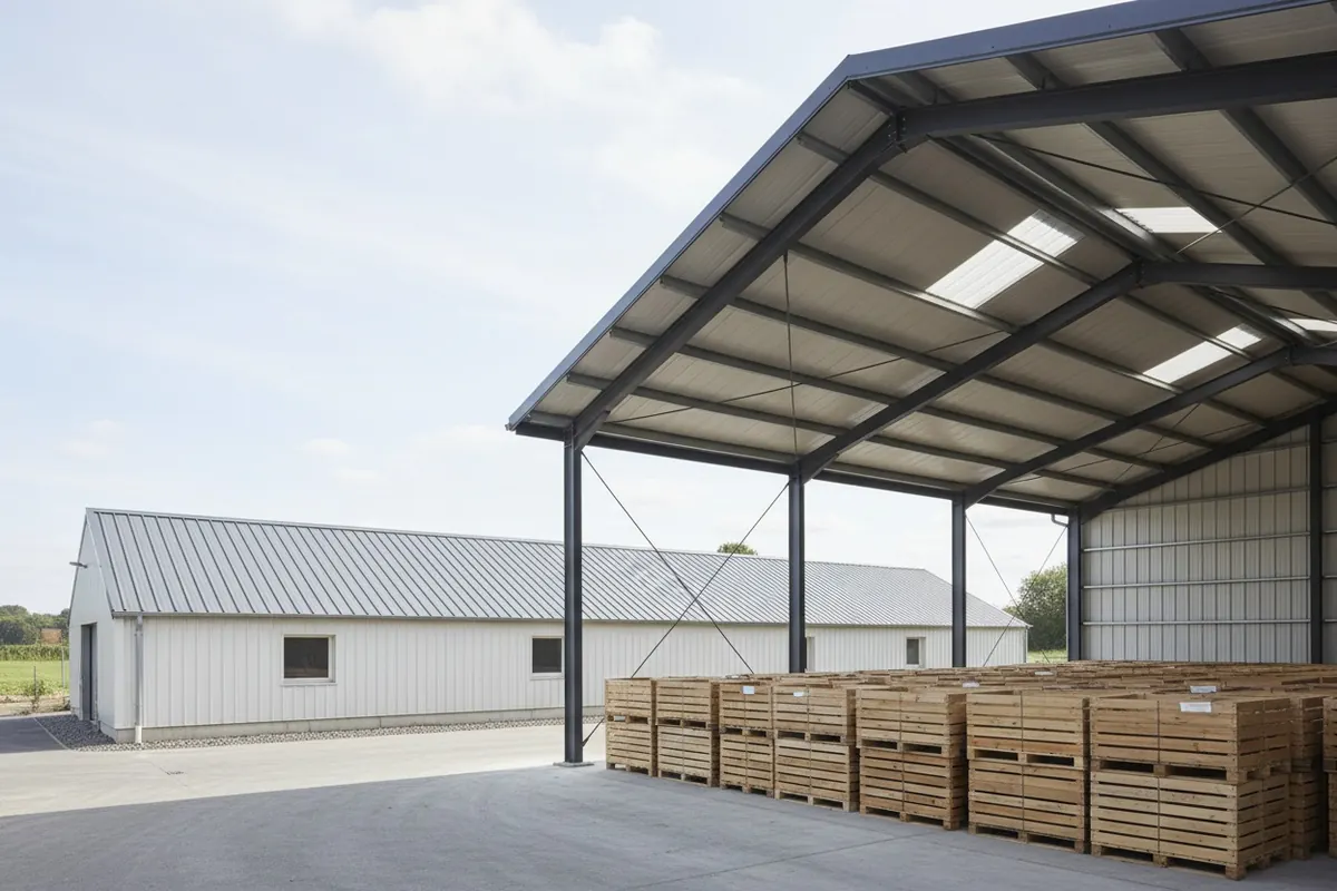 Intérieur d'un hangar éclairé par des plaques translucides de toiture, caisses bien rangées