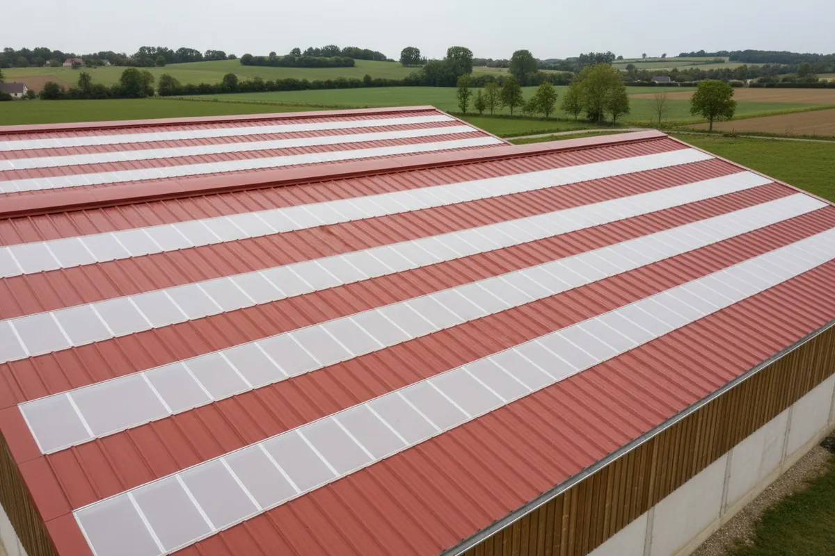Toit agricole refait : rangées de bac acier rouge tuile alternées de plaques translucides en polycarbonate