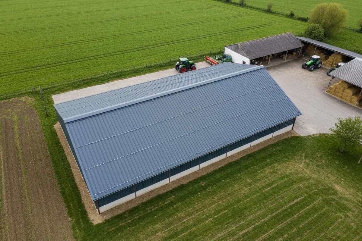 Vue aérienne d'un hangar agricole au toit bac acier gris ardoise neuf, entouré de champs