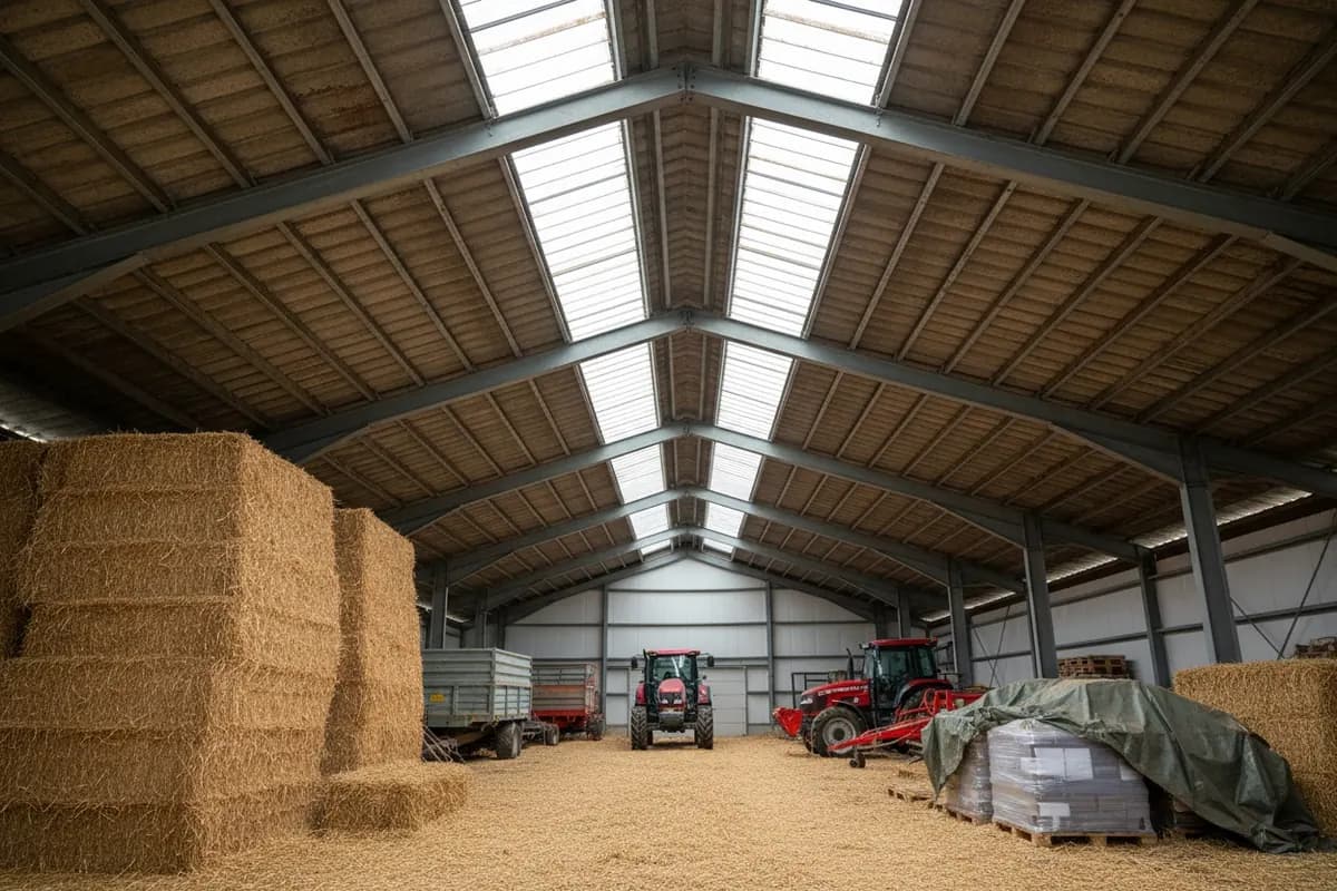 Intérieur d'un hangar de stockage : les plaques fibrociment restent en place sous la nouvelle couverture, le bâtiment reste sec