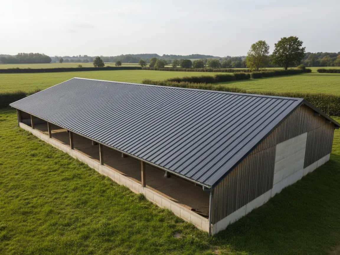 Hangar agricole entier couvert de bacs acier neufs au-dessus de son ancienne toiture fibrociment