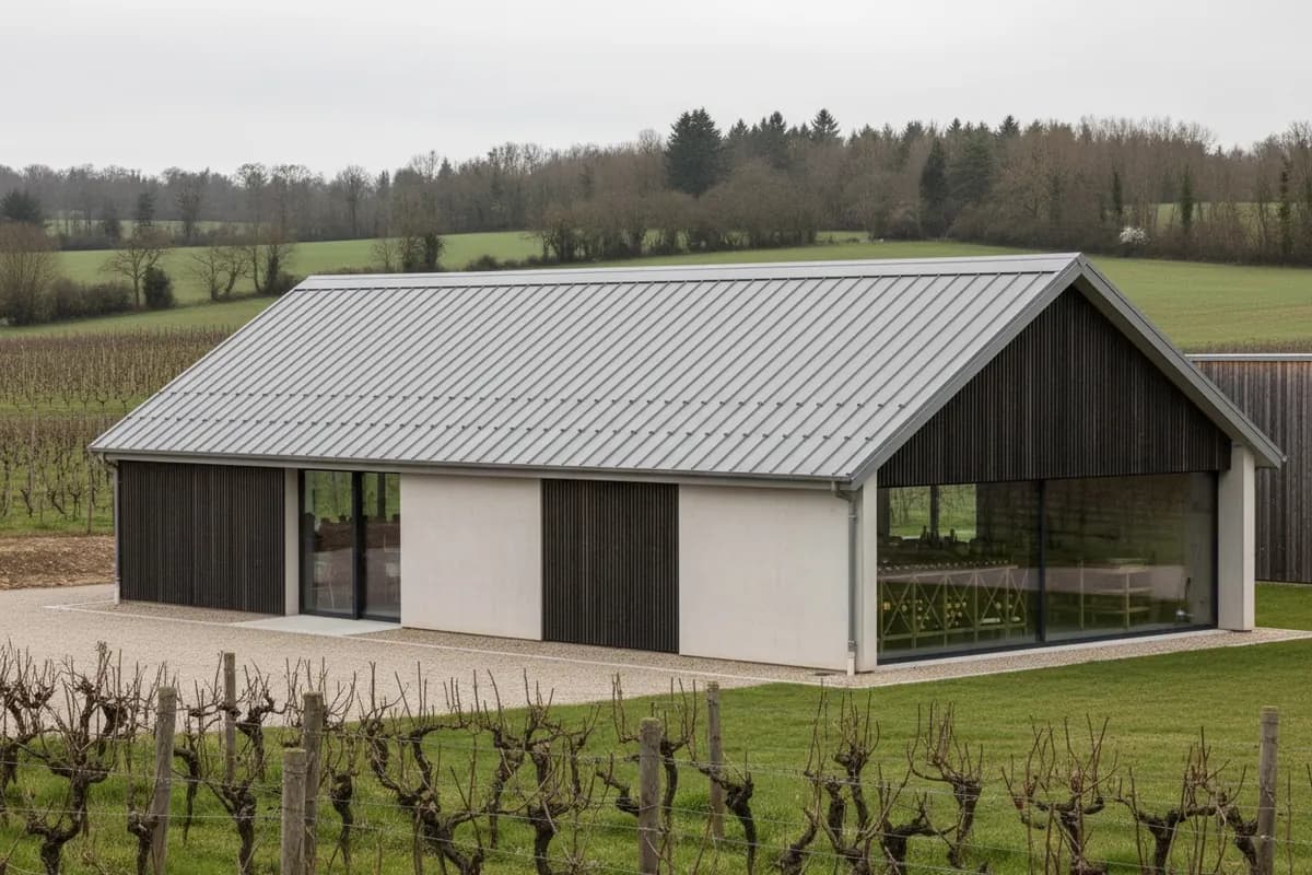 Cuverie fraîche avec cuves inox alignées sous une toiture isolée