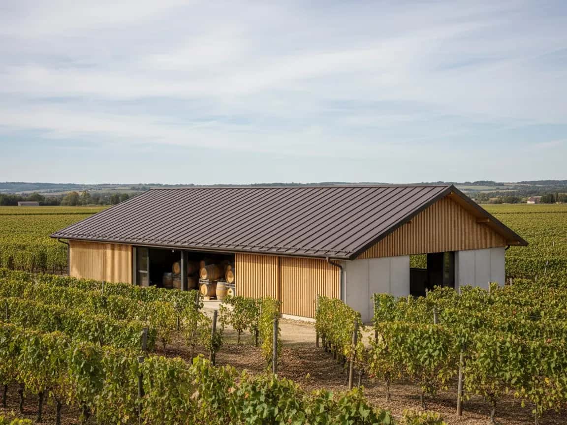 Chai couvert de panneaux sandwich neufs au milieu des vignes