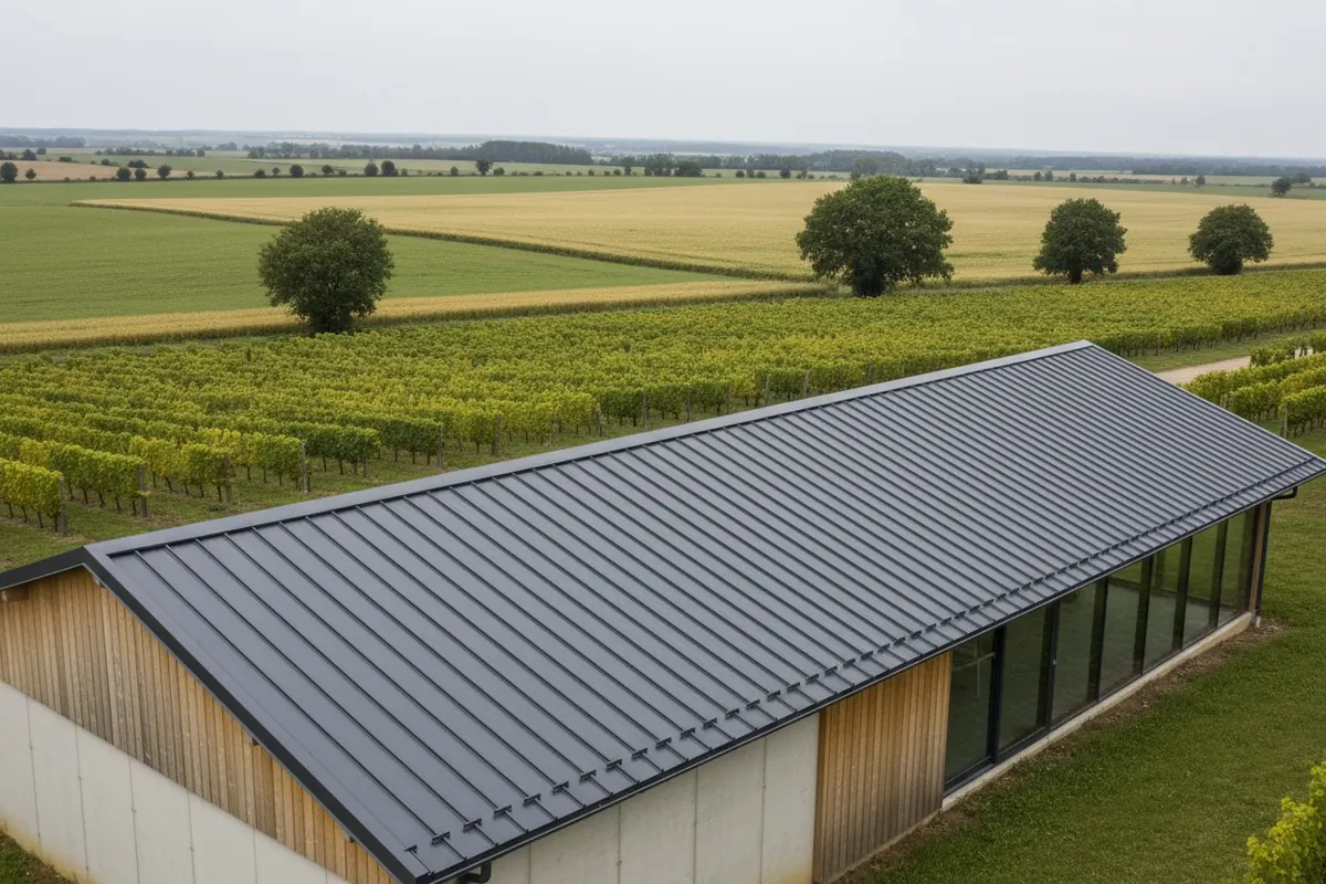 Chai des coteaux d'Ancenis vu depuis les vignes, toit bac acier anthracite neuf