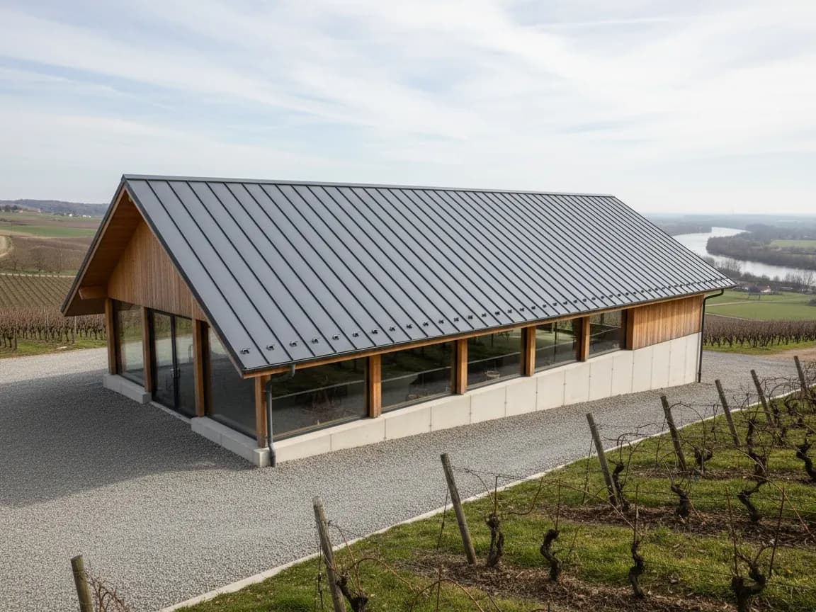 Chai sur les coteaux viticoles près d'Ancenis, toit bac acier anthracite neuf