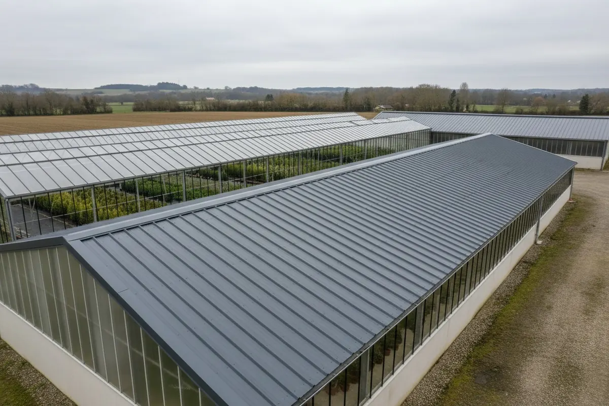 Long pan du hangar de pépinière angevine, toit bac acier anthracite neuf vu depuis le champ