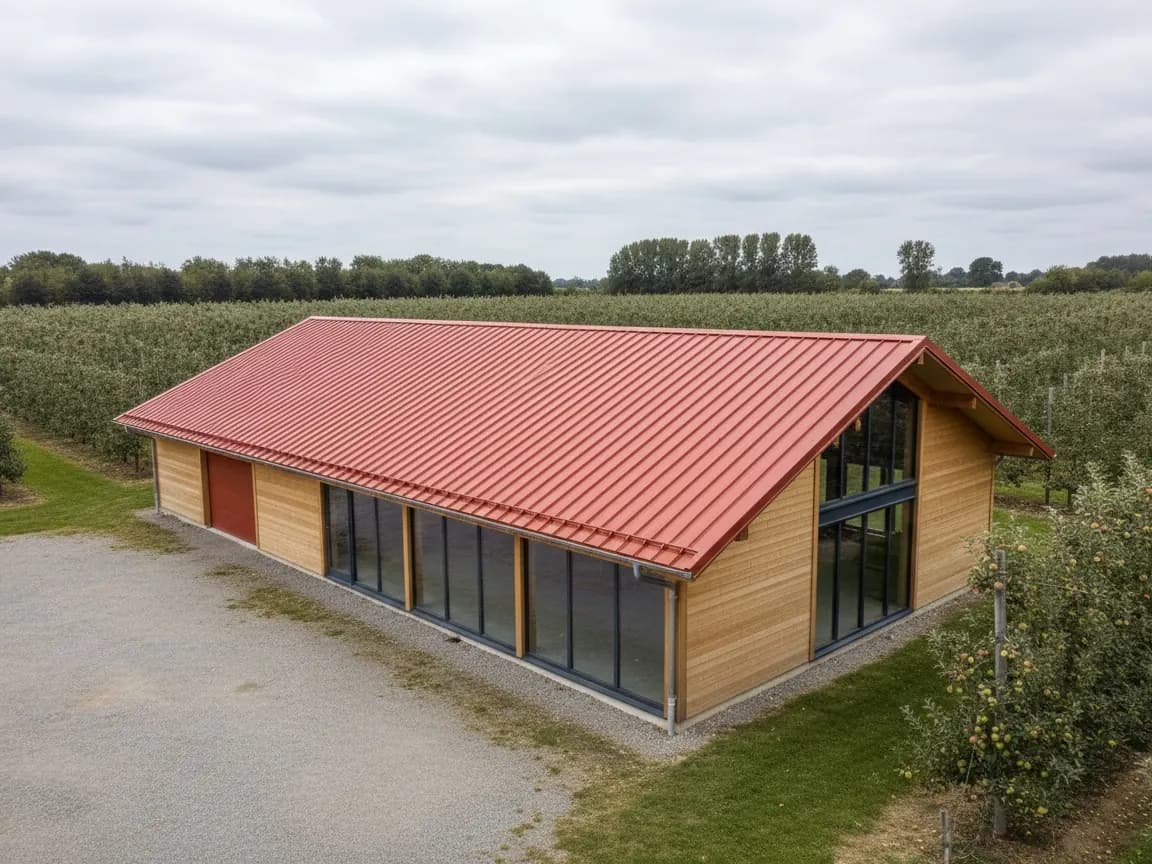Bâtiment de stockage et de conditionnement de pommes dans le Baugeois, toit bac acier rouge tuile neuf