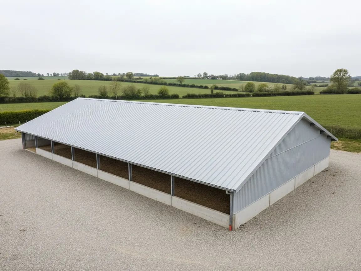 Élevage des Mauges : grand hangar à paille et à matériel au toit bac acier gris clair neuf