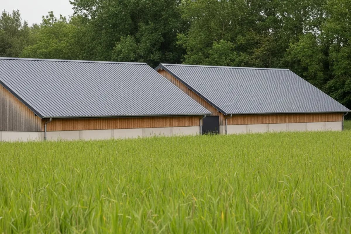 Bâtiments accolés de Blain vus de côté, couverture bac acier gris ardoise neuve