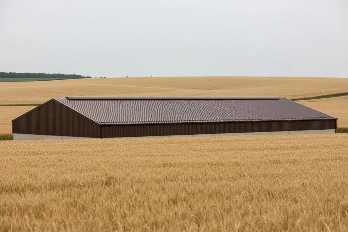 Hangar à céréales du Castelbriantais vu de côté, couverture bac acier brun foncé neuve