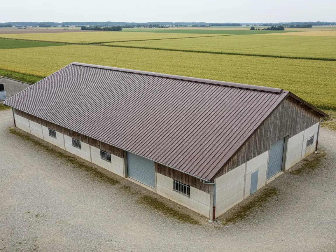 Très grand hangar à céréales et à matériel du pays de Châteaubriant, toit bac acier brun foncé neuf