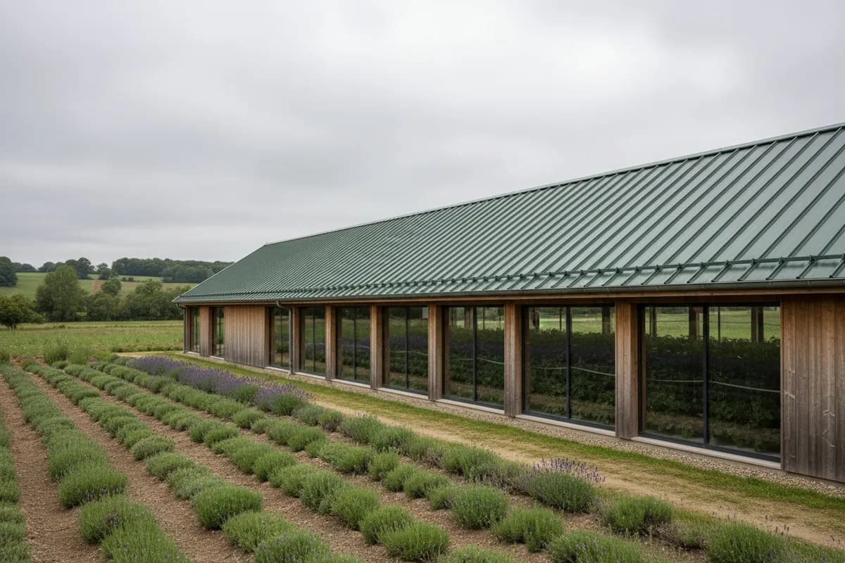 Séchoir de plantes vu depuis les rangs, toute la toiture bac acier vert foncé neuve