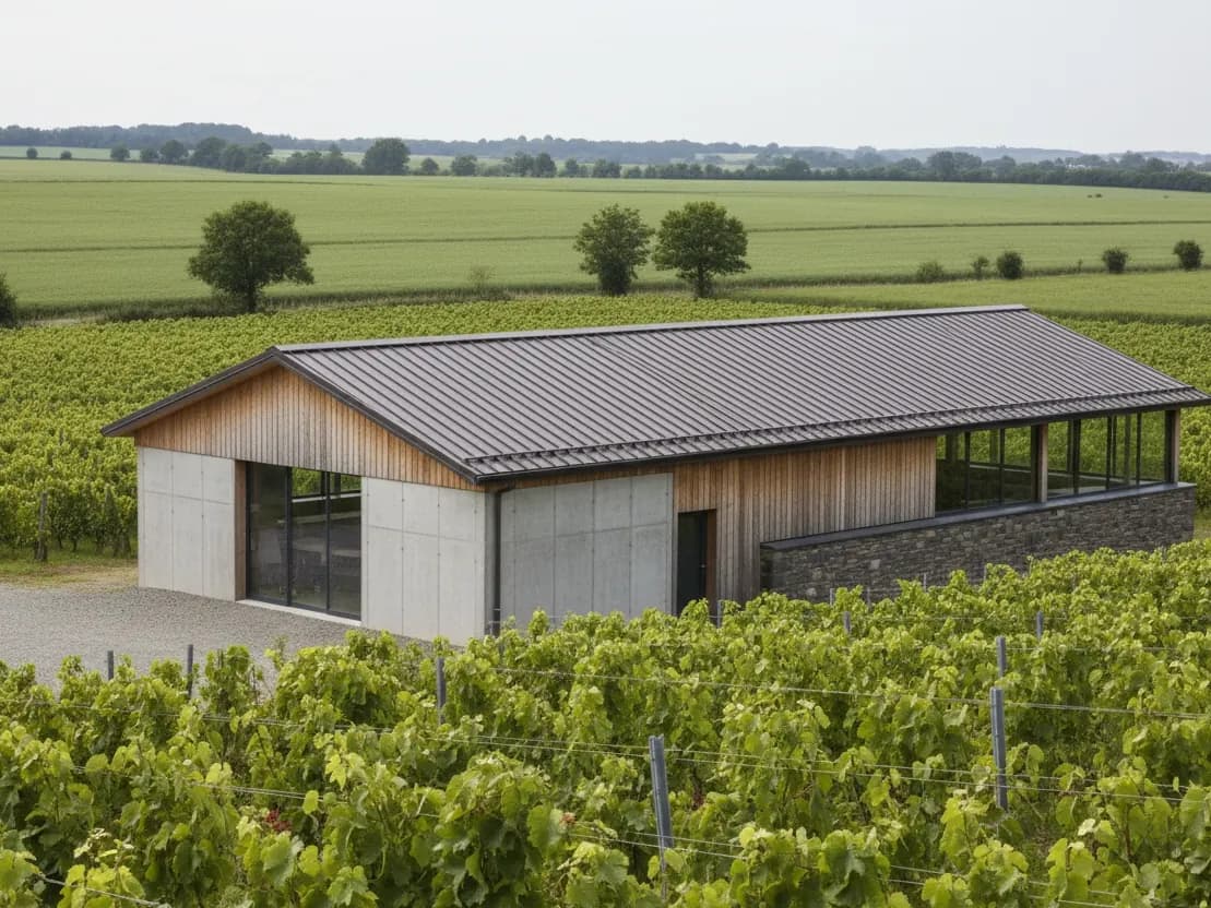 Cuverie d'un vigneron du Muscadet dans les vignes de la vallée de la Sèvre, toit bac acier brun foncé neuf