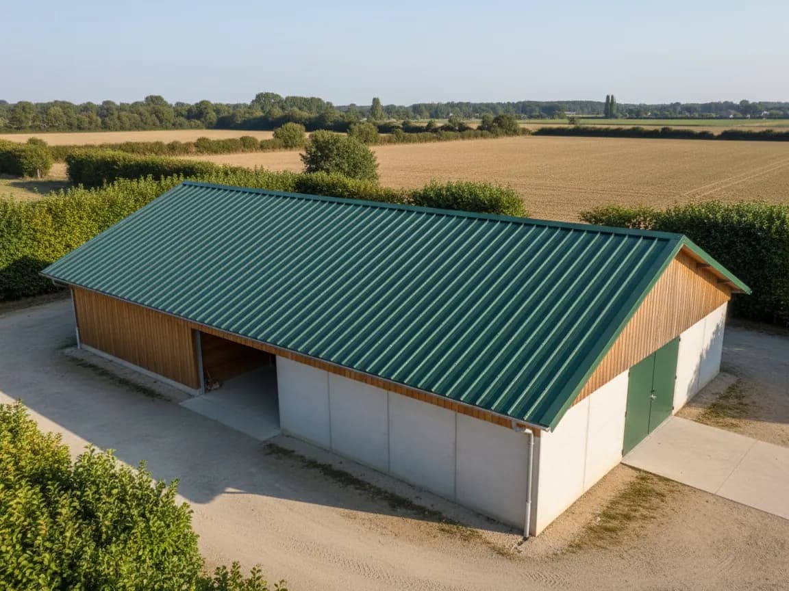 Ferme du pays de la Mée : hangar de stockage au toit bac acier vert foncé neuf, haies et champs ouverts