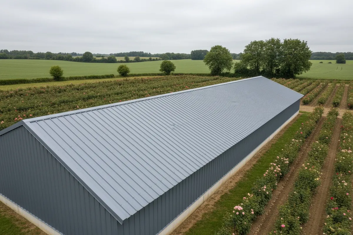 Hangar de rosiériste vu depuis les rangs, toute la couverture bac acier gris étain neuve