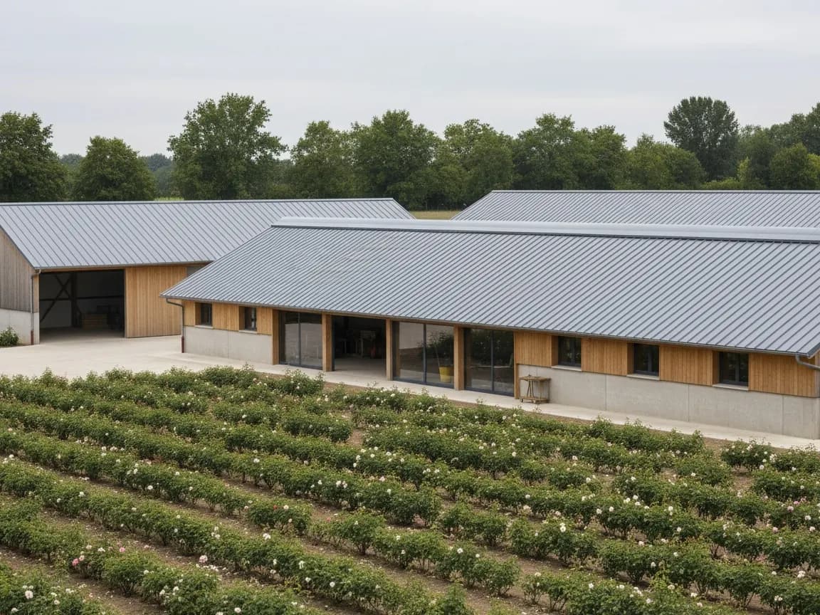 Rosiériste de Doué : rangs de rosiers et hangar au toit bac acier gris étain neuf