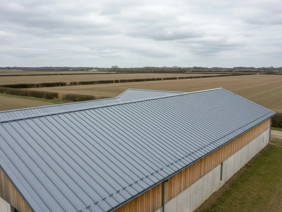 Bâtiment agricole du pays de Retz dans le marais plat, toit bac acier gris étain neuf