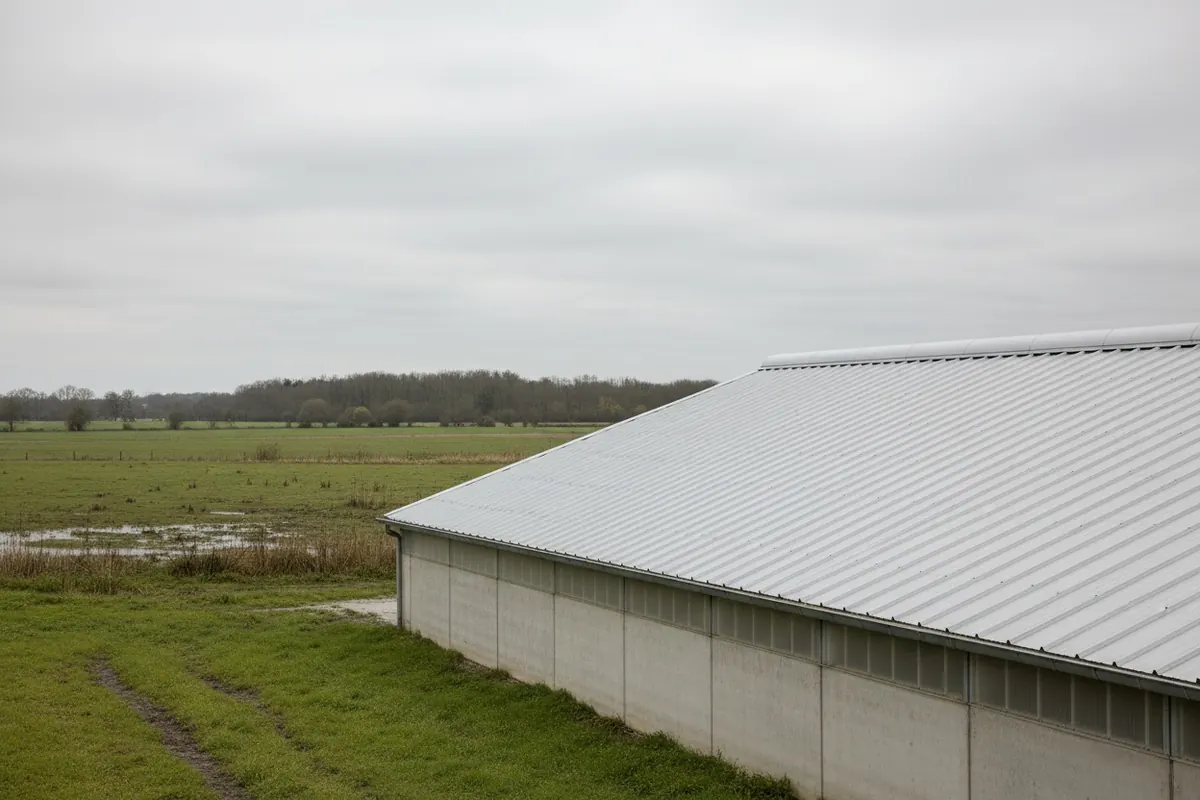 Hangar à foin des bords de l'Erdre vu depuis la prairie, couverture bac acier gris clair neuve