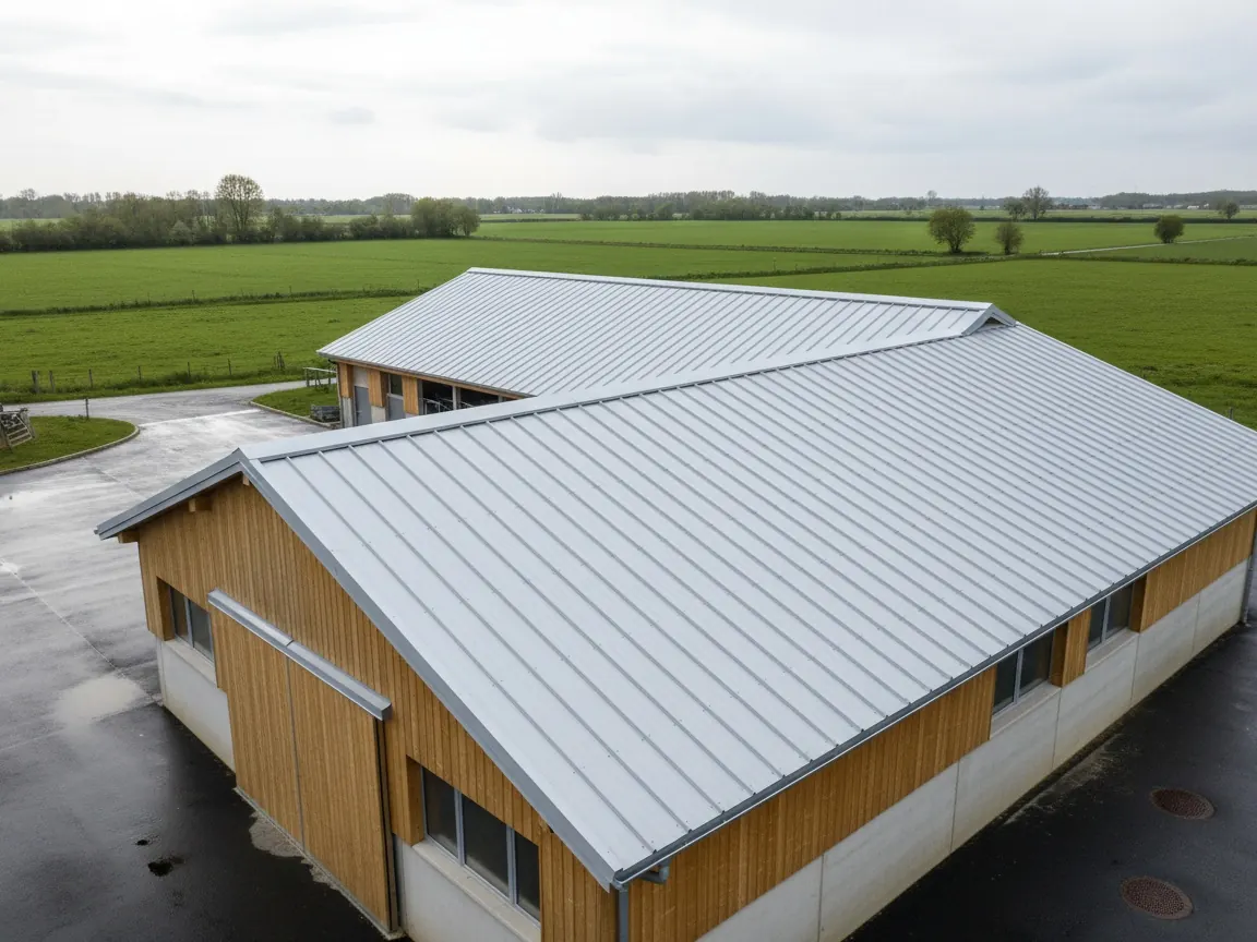 Exploitation laitière près des marais de l'Erdre : salle de traite et hangar à foin au toit bac acier gris clair neuf