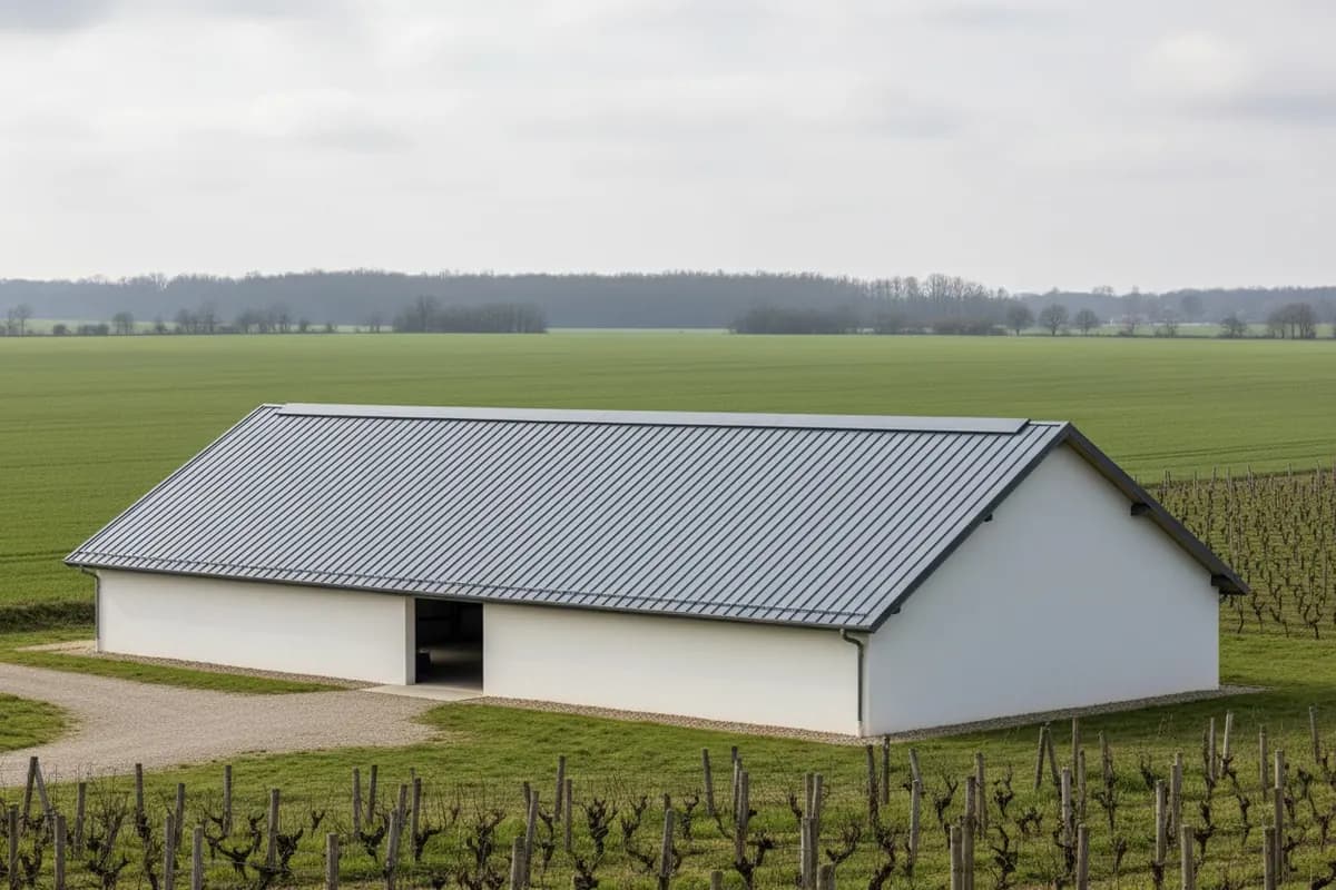 Chai du Saumurois vu de côté, toute la couverture bac acier gris ardoise neuve
