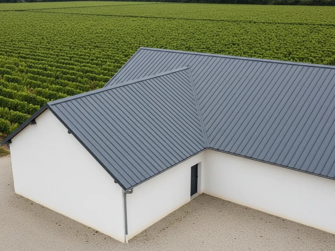 Chai aux murs enduits blancs dans les vignes du plateau saumurois, toit bac acier gris ardoise neuf