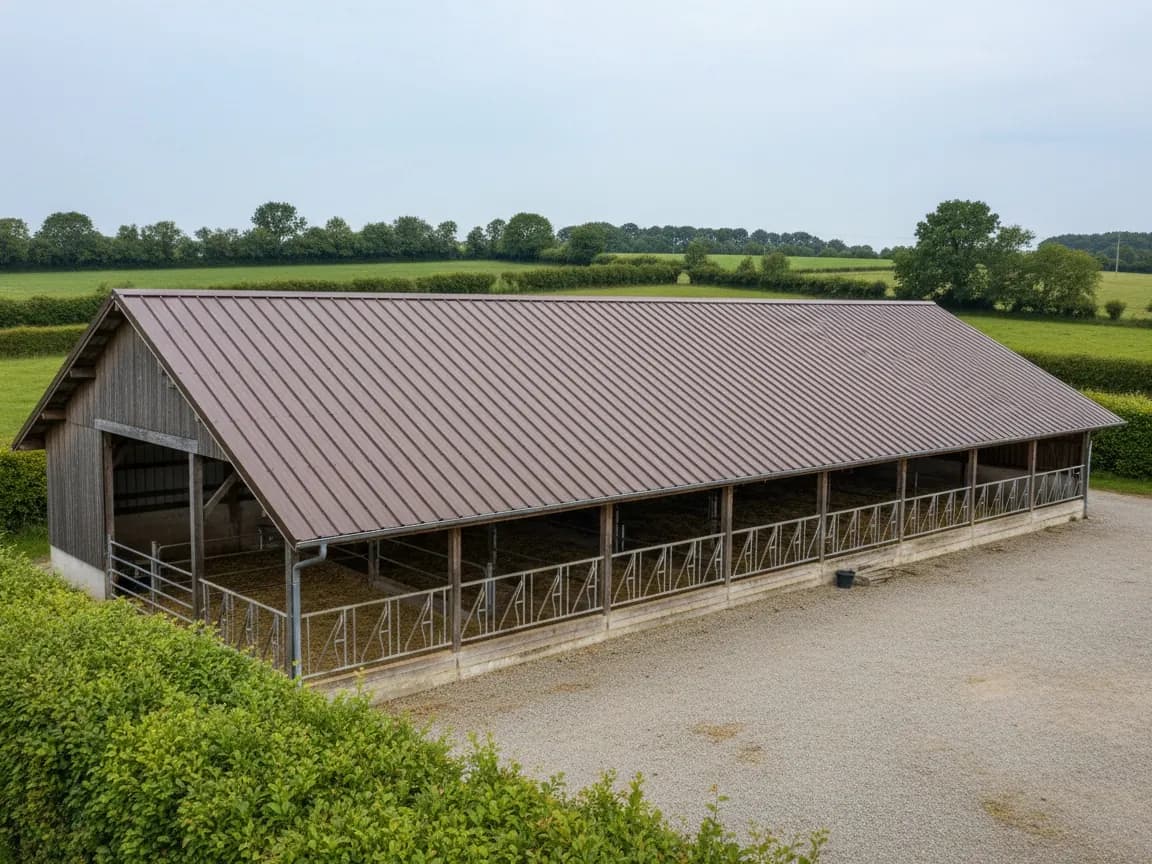 Ferme du Segréen : long hangar à fourrage au toit bac acier brun foncé neuf, haies bocagères